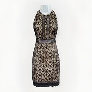 Dress Forum LA Halter Neck Bodycon Lace Overlay Dress Sz Med Nude Lining Evening
